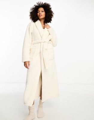 Loungeable cosy borg collar maxi dressing gown in cream