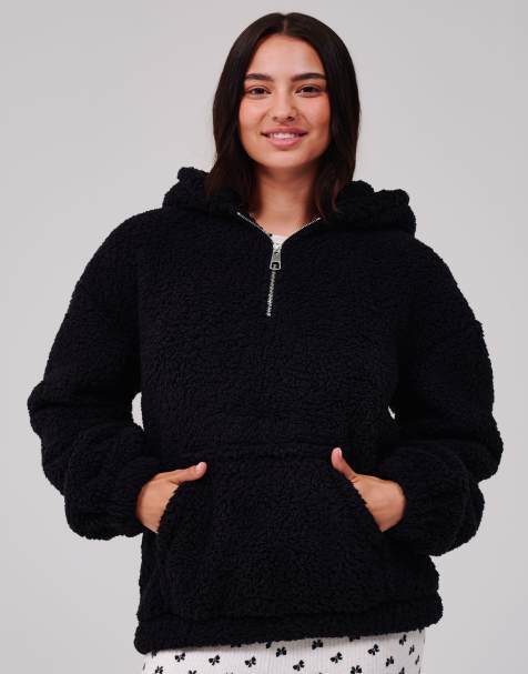 Loungeable Cosy borg fleece quarter zip lounge hoodie in black - view 1