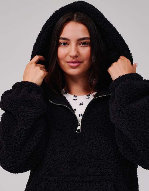 Loungeable Cosy borg fleece quarter zip lounge hoodie in black, 3 of 7