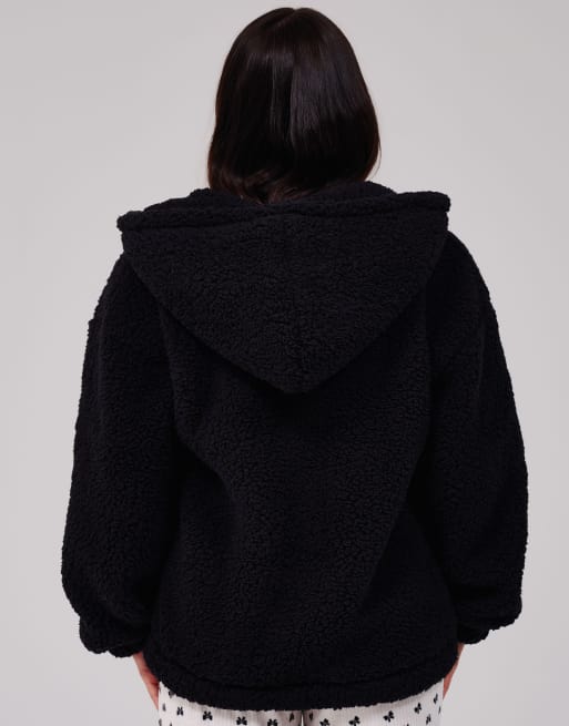 Loungeable Cosy borg fleece quarter zip lounge hoodie in black, 4 of 7