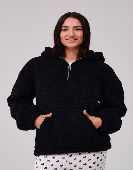Loungeable Cosy borg fleece quarter zip lounge hoodie in black, 5 of 7
