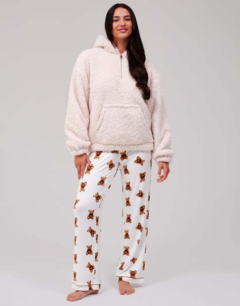Loungeable Cosy borg fleece quarter zip lounge hoodie in cream - view 1