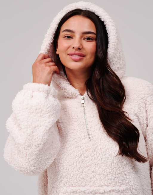 Loungeable Cosy borg fleece quarter zip lounge hoodie in cream, 2 of 7
