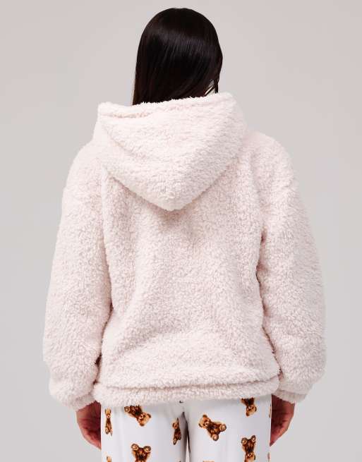 Loungeable Cosy borg fleece quarter zip lounge hoodie in cream, 4 of 7