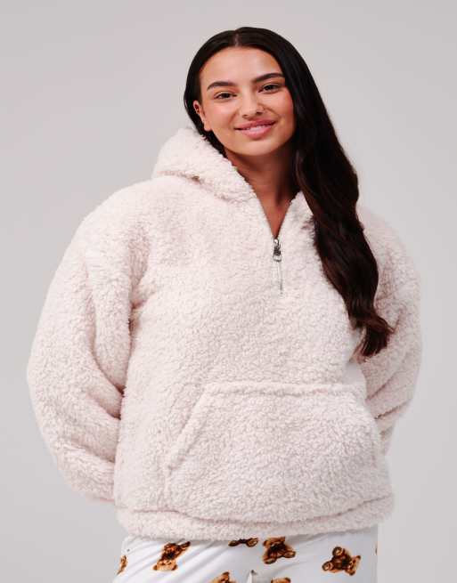 Loungeable Cosy borg fleece quarter zip lounge hoodie in cream, 5 of 7