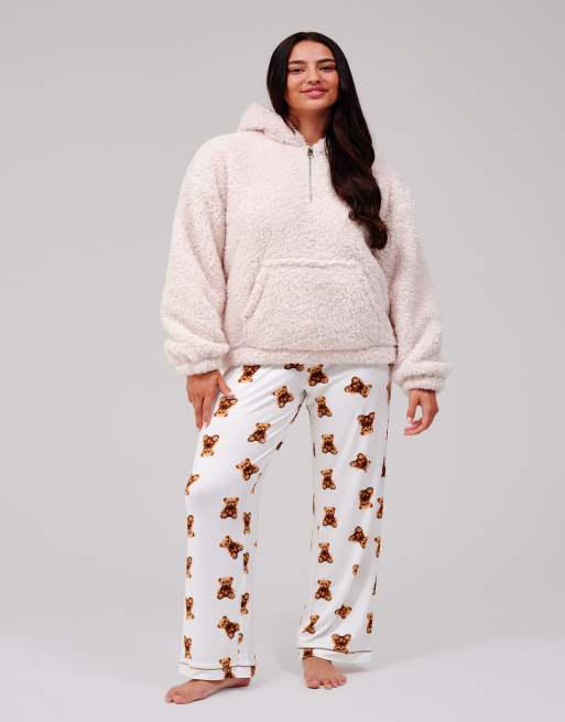 Loungeable Cosy borg fleece quarter zip lounge hoodie in cream, 6 of 7
