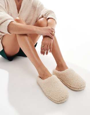 Loungeable Loungeable cosy borg mule slipper in beige-Neutral