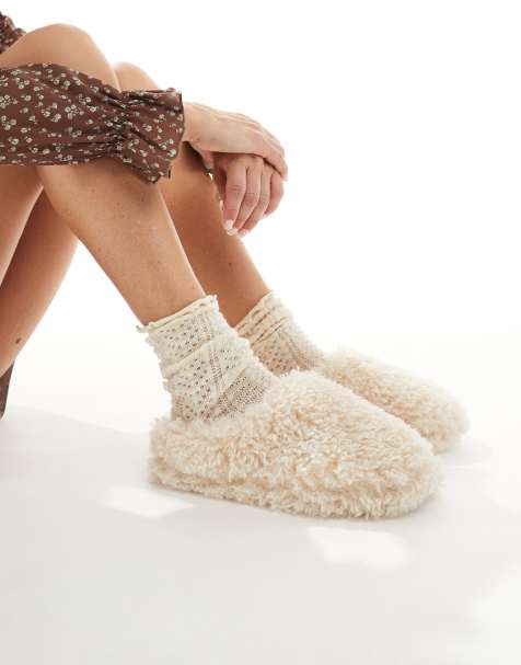 Loungeable cosy borg mule slippers in cream - view 1