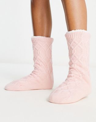 Loungeable cosy cable knit slipper sock in pink