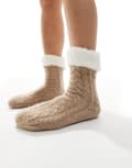 [Loungeable] Loungeable cosy cable knit slipper socks with sherpa lining in oat marle-Neutral One Size Oat