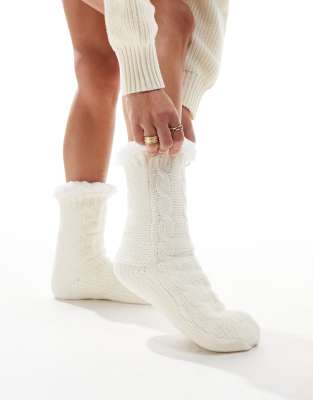 Loungeable cosy chenille slipper sock in cream-White