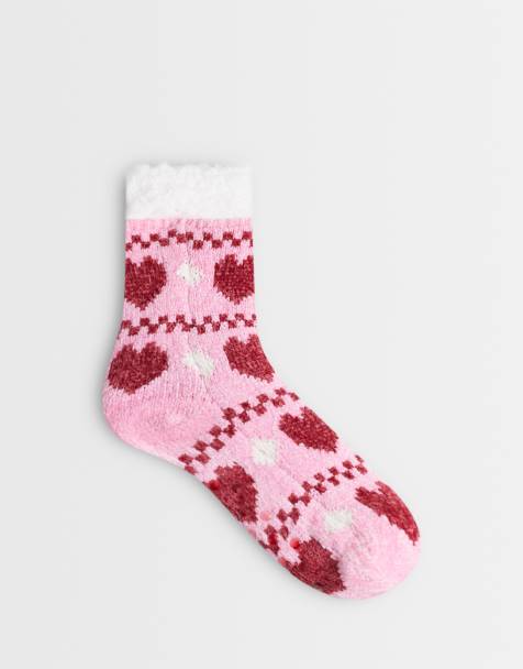 Loungeable cosy chenille slippers socks in pink heart print - view 1
