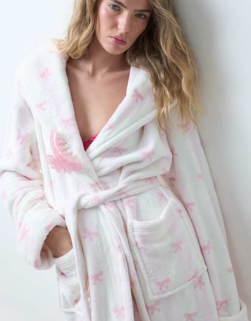 Loungeable cosy hooded midi robe in pink bow print, 3 of 4