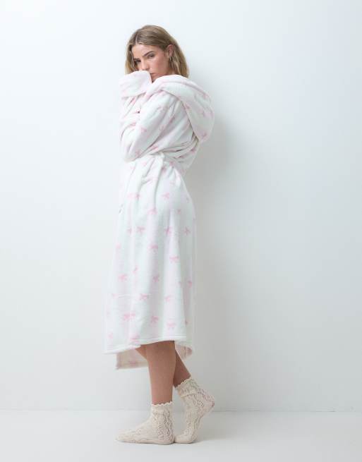 Loungeable cosy hooded midi robe in pink bow print, 4 of 4