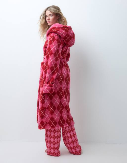 Loungeable cosy midi badjas met capuchon in roze en rood argyle ruit, 4 van 4