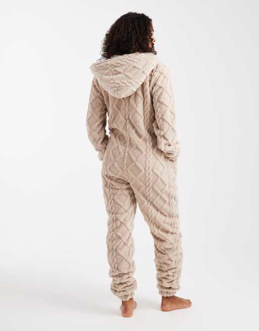 Loungeable cosy onesie in beige and cream cable sherpa, 3 of 4