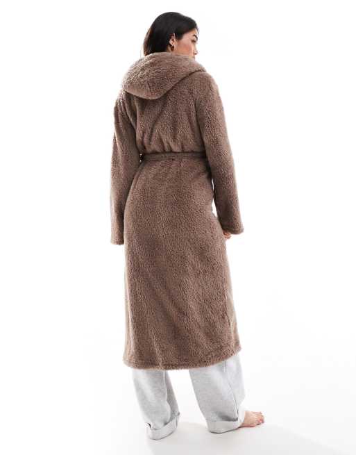 Loungeable cosy sherpa hooded maxi dressing gown in chocolate | ASOS