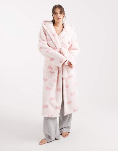 Loungeable cosy sherpa hooded maxi dressing gown in cream with pink bows - view 1