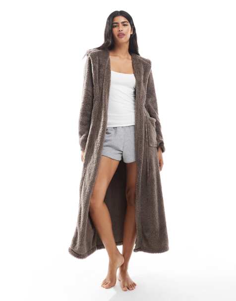 Loungeable cosy sherpa hooded maxi dressing gown in mocha - view 1