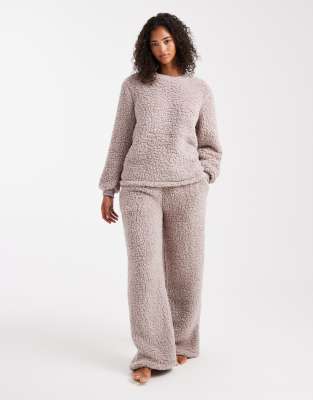 Loungeable Loungeable cosy sherpa twosie wide leg trouser and sweat nightwear set in mink-Neutral