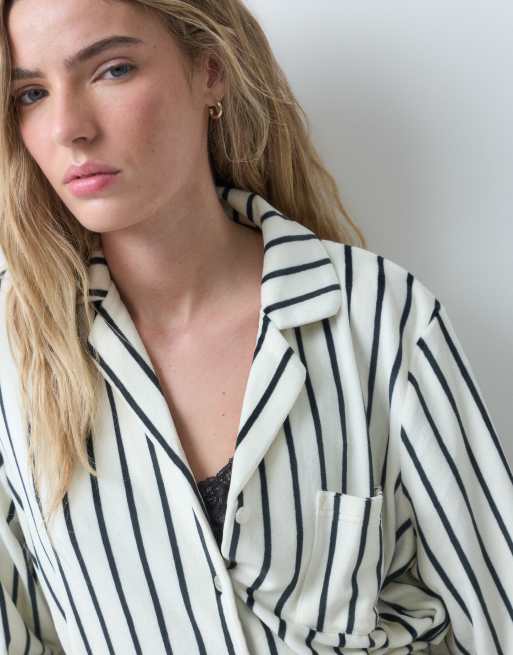 Loungeable cosy velour revere button up shirt and trouser pyjama set in mono stripe, 3 of 4