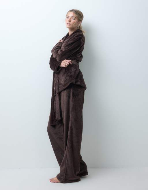 Loungeable cosy wrap tie robe top and trouser set in chocolate brown, 3 of 4