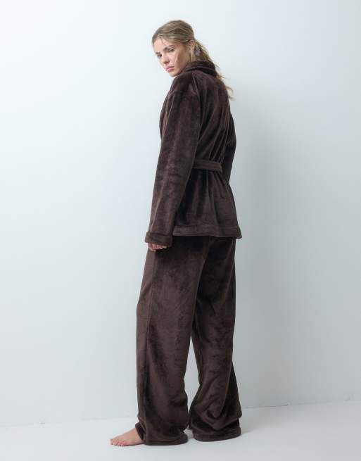 Loungeable cosy wrap tie robe top and trouser set in chocolate brown, 4 of 4