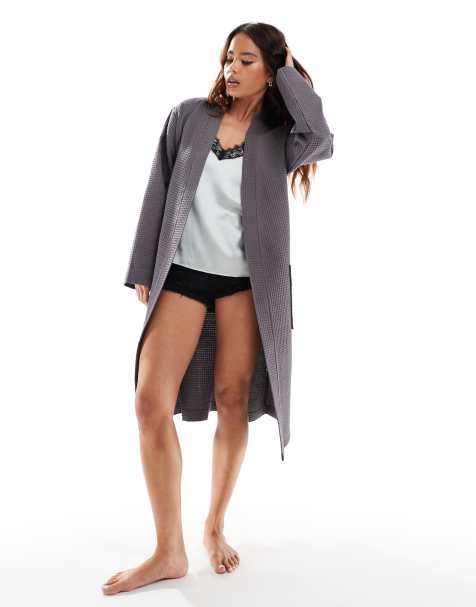 Loungeable Cotton waffle robe in charcoal - view 1