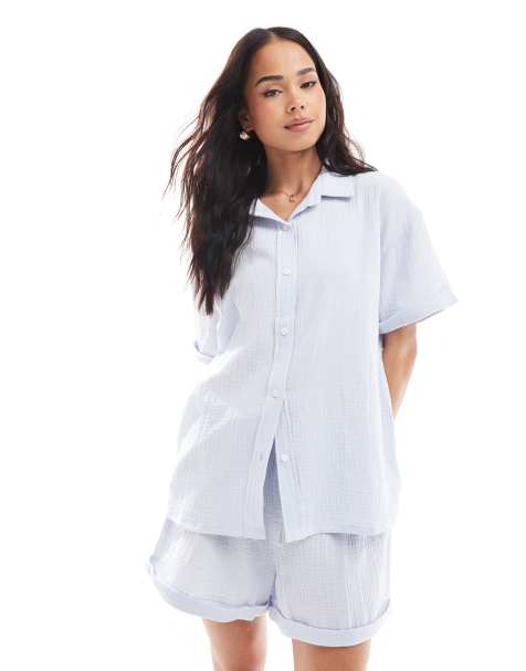 Loungeable Cotton waffle short sleeved short set in blue - view 1