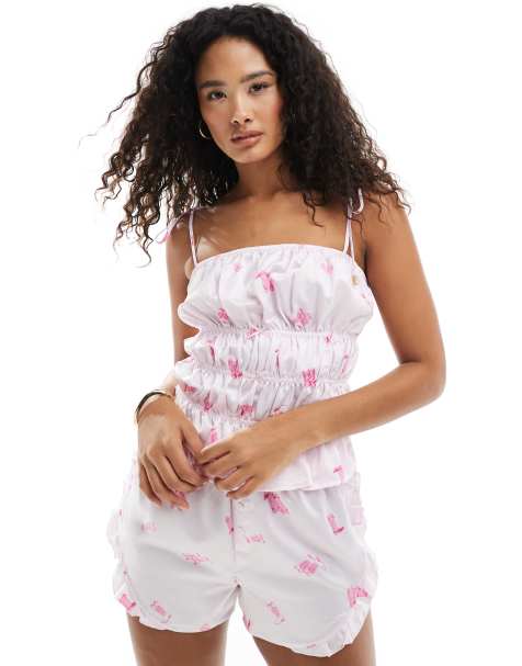 Loungeable Cowboy printed satin cami and ruffle short in pink - view 1