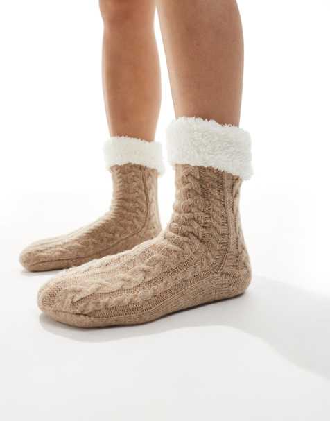 Loungeable cozy cable knit slipper socks with teddy lining in heathered oat - view 1