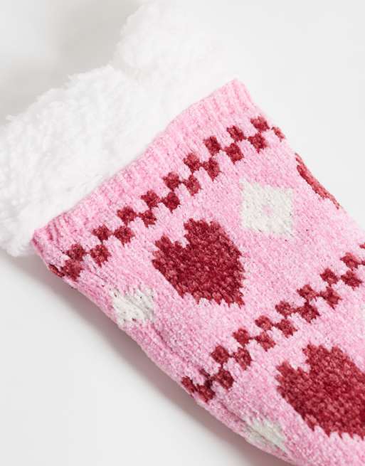 Loungeable cozy chenille slippers socks in pink heart print, 2 of 3