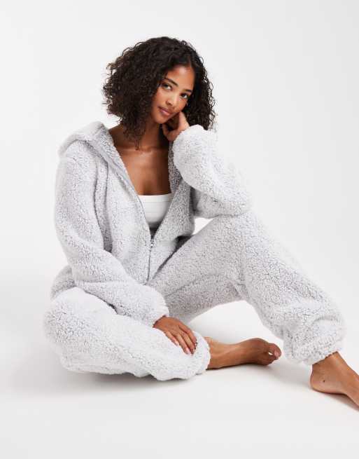Loungeable cozy onesie in gray snow tipped teddy
