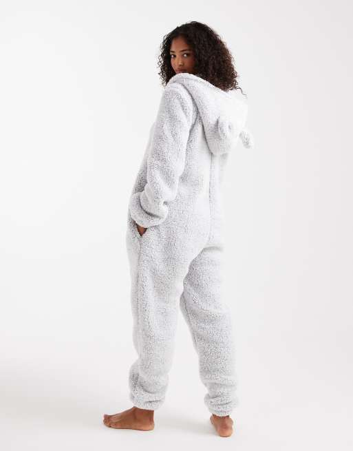 Loungeable cozy onesie in gray snow tipped teddy
