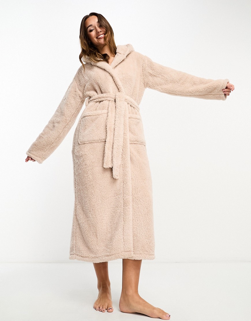 cozy sherpa hooded maxi dressig gown in mink-Neutral