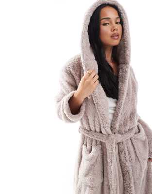 Loungeable Cozy Sherpa Hooded Maxi Robe In Neutral