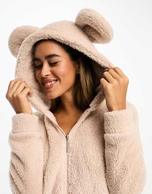 Loungeable cozy sherpa hooded romper with ears in mink