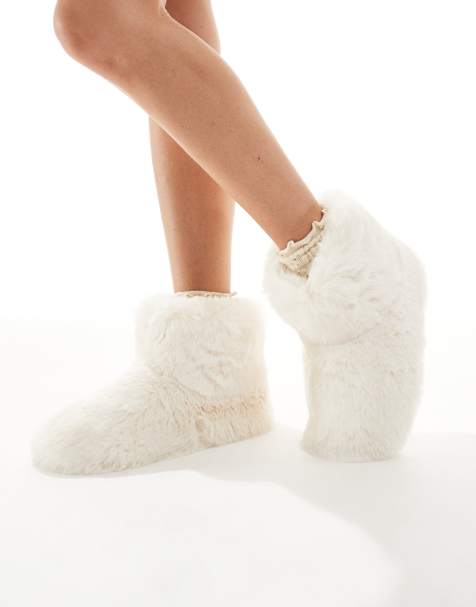 Loungeable cozy slipper boots in cream faux fur - view 1