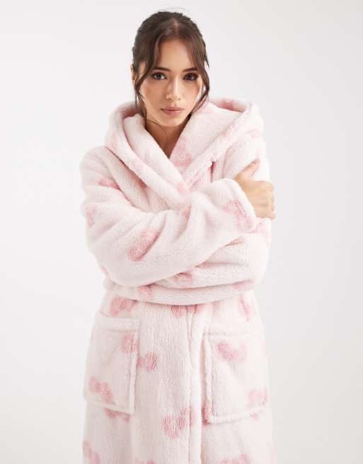 Loungeable cozy teddy hooded maxi length robe in cream with pink bows, 2 of 4