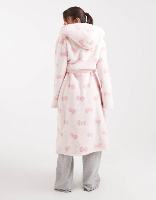 Loungeable cozy teddy hooded maxi length robe in cream with pink bows, 4 of 4