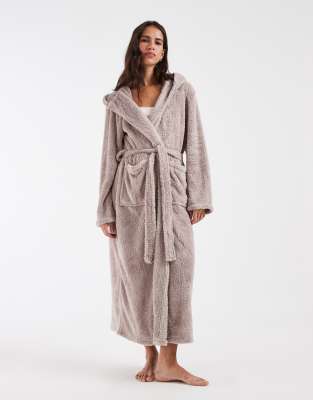 Loungeable Cozy Teddy Hooded Maxi Length Robe In Neutral