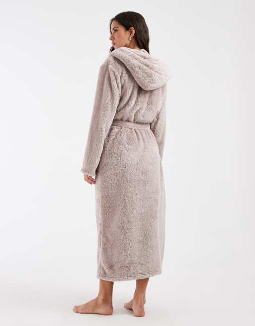 Loungeable cozy teddy hooded maxi length robe in mink, 3 of 4