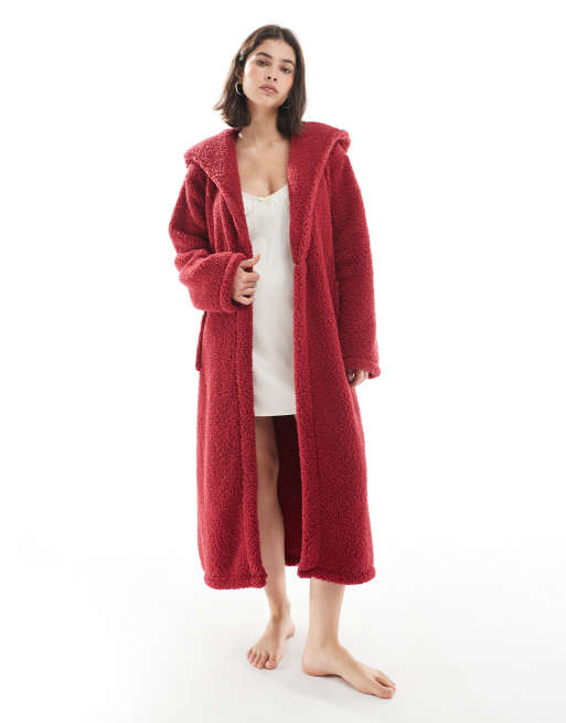 Loungeable cozy teddy hooded maxi length robe in red, 2 of 4