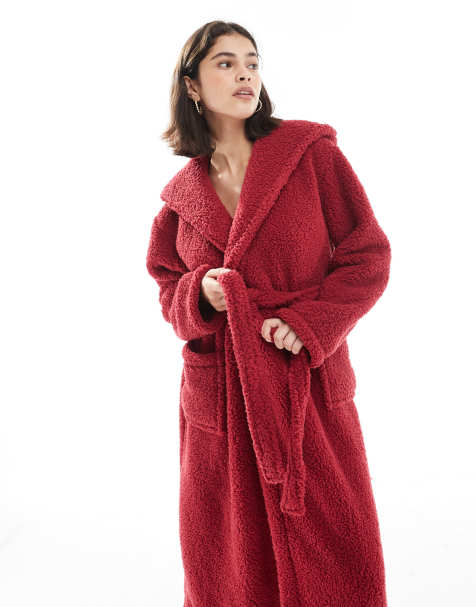 Loungeable cozy teddy hooded maxi robe in red - view 1
