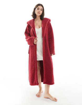 Loungeable Cozy Teddy Hooded Maxi Robe In Red