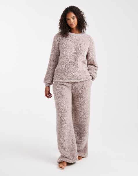 Loungeable cozy teddy twosie wide leg pants and sweatshirt sleepwear set in mink - view 1