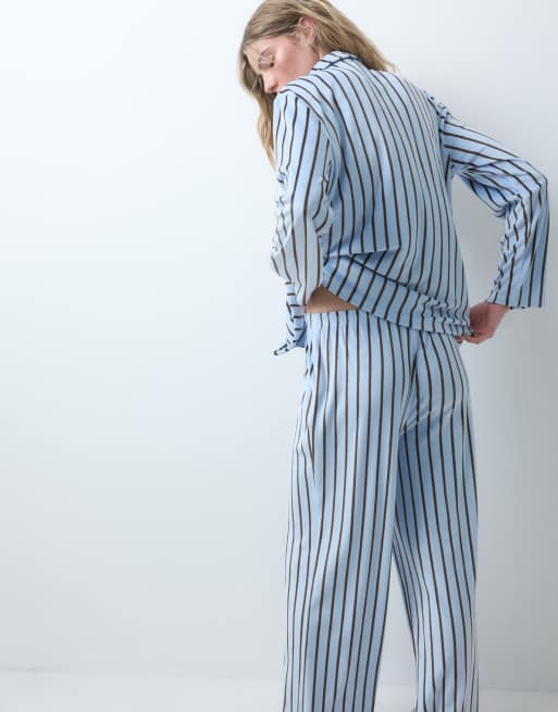 Loungeable cozy velour camp collar button up shirt and pants pajama set in blue striped print, 4 of 4