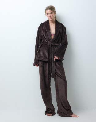 Loungeable Cozy Wrap Tie Robe Top And Pants Set In Brown