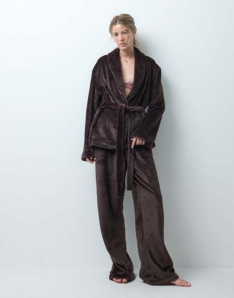 Loungeable cozy wrap tie robe top and pants set in chocolate brown - view 1