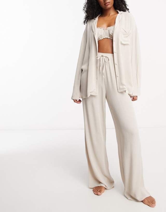 Loungeable crinkle 3 piece shirt bralette and pants set in stone